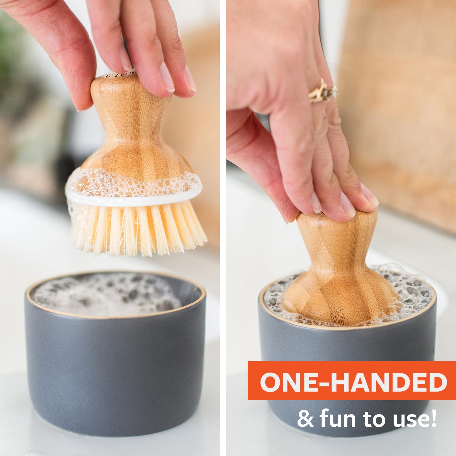 Full Circle brush bristles close-up show durable fibers for tough dishes.