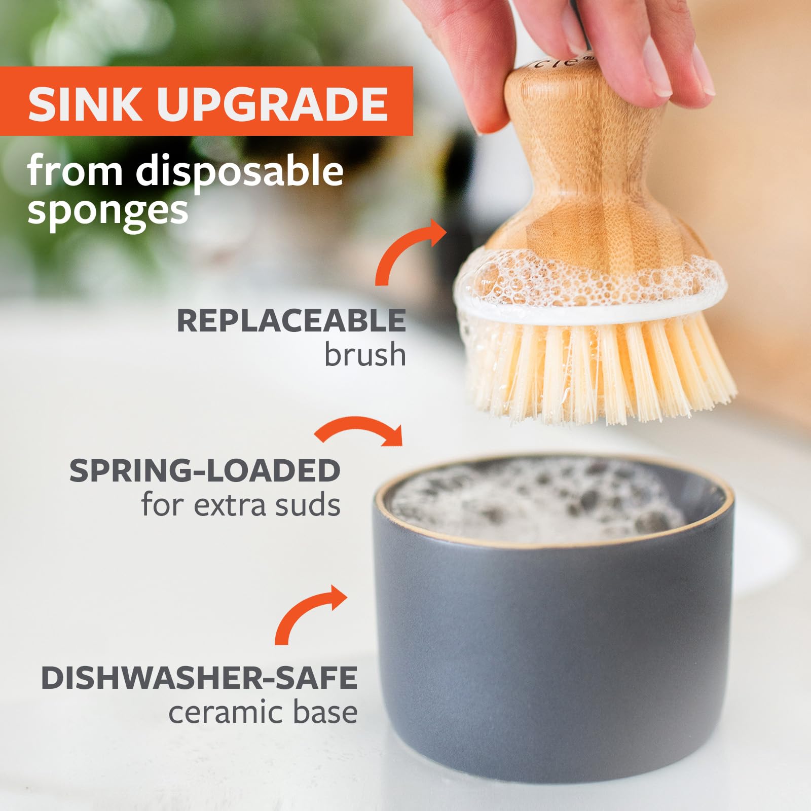 Full Circle bamboo brush fits comfortably in hand for precise cleaning.