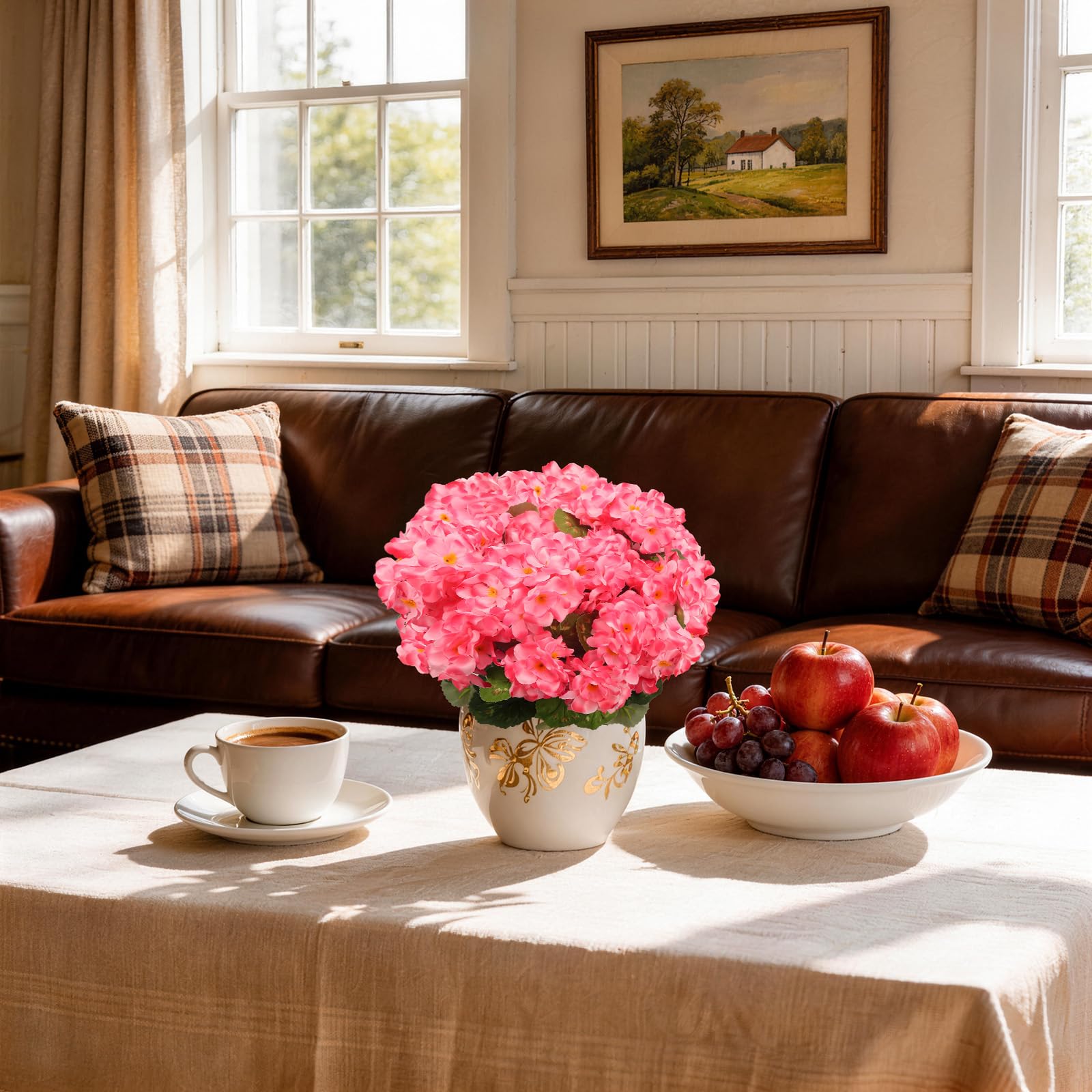 FULLMUSIC geranium windowsill display year-round color without watering.