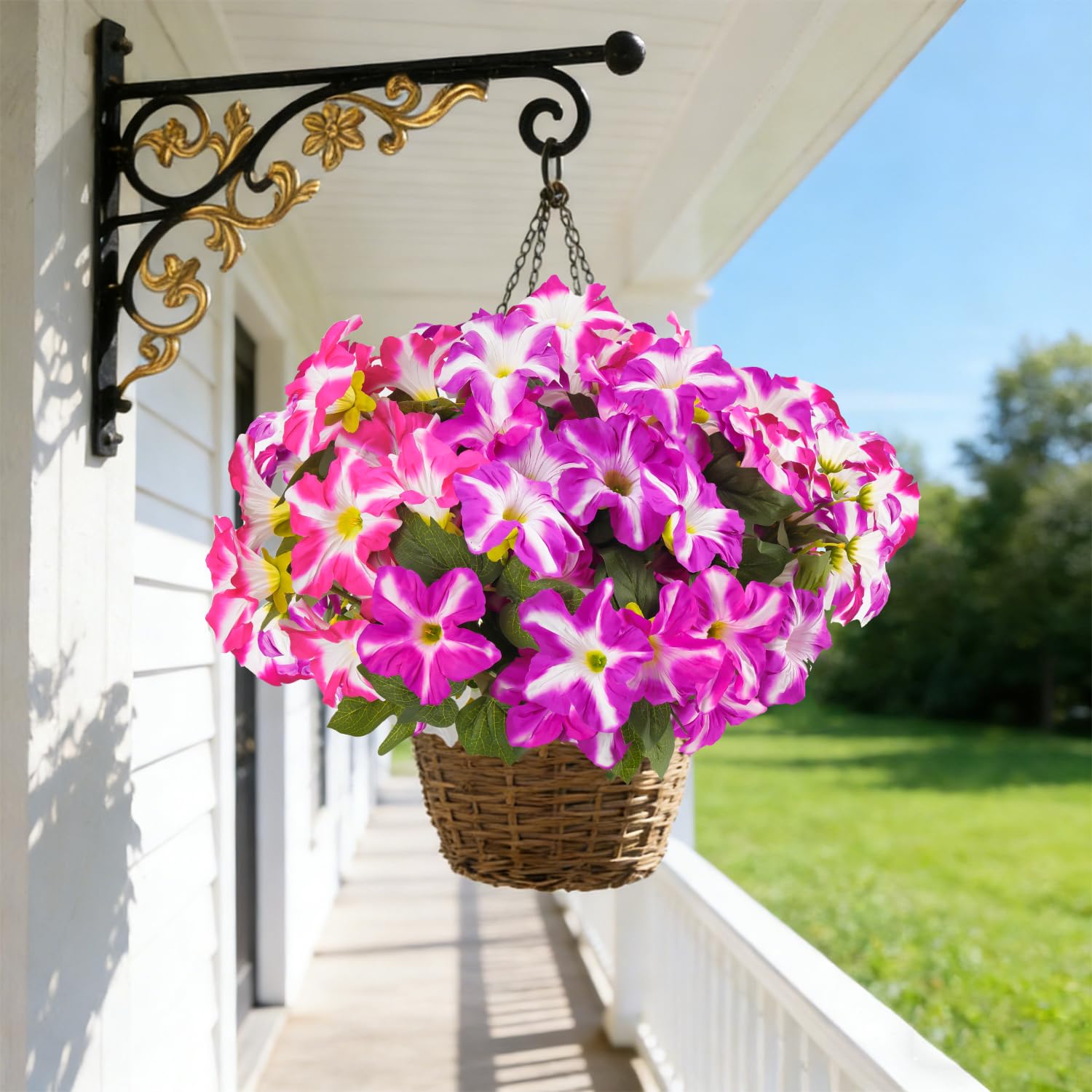 FULLMUSIC porch garden with morning glory artificial flowers in planters.