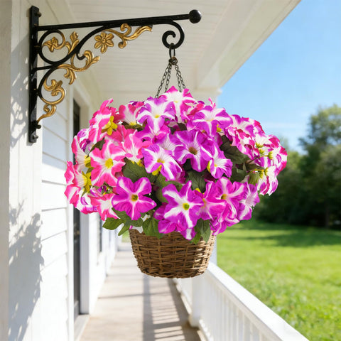 FULLMUSIC porch garden with morning glory artificial flowers in planters.