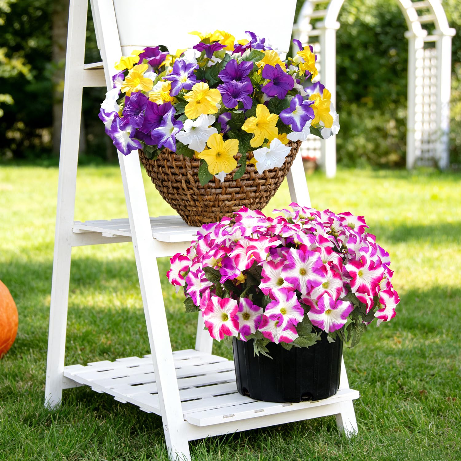 FULLMUSIC morning glory faux bouquet in front door planter vibrant year round