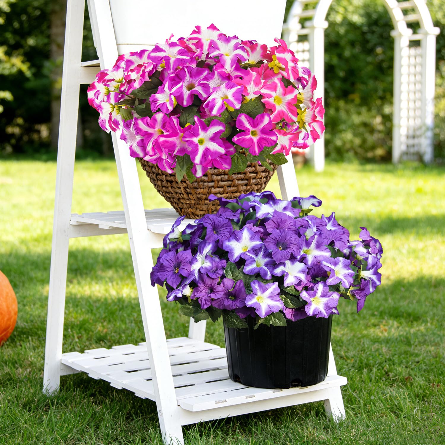 FULLMUSIC Spring porch centerpiece with faux morning glories.