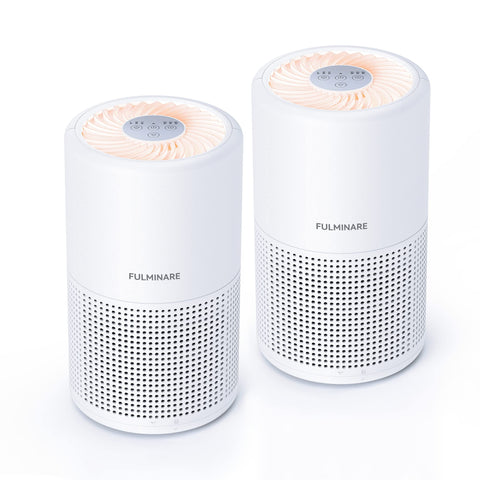 FULMINARE air purifier front view showing compact bedroom placement for clean air