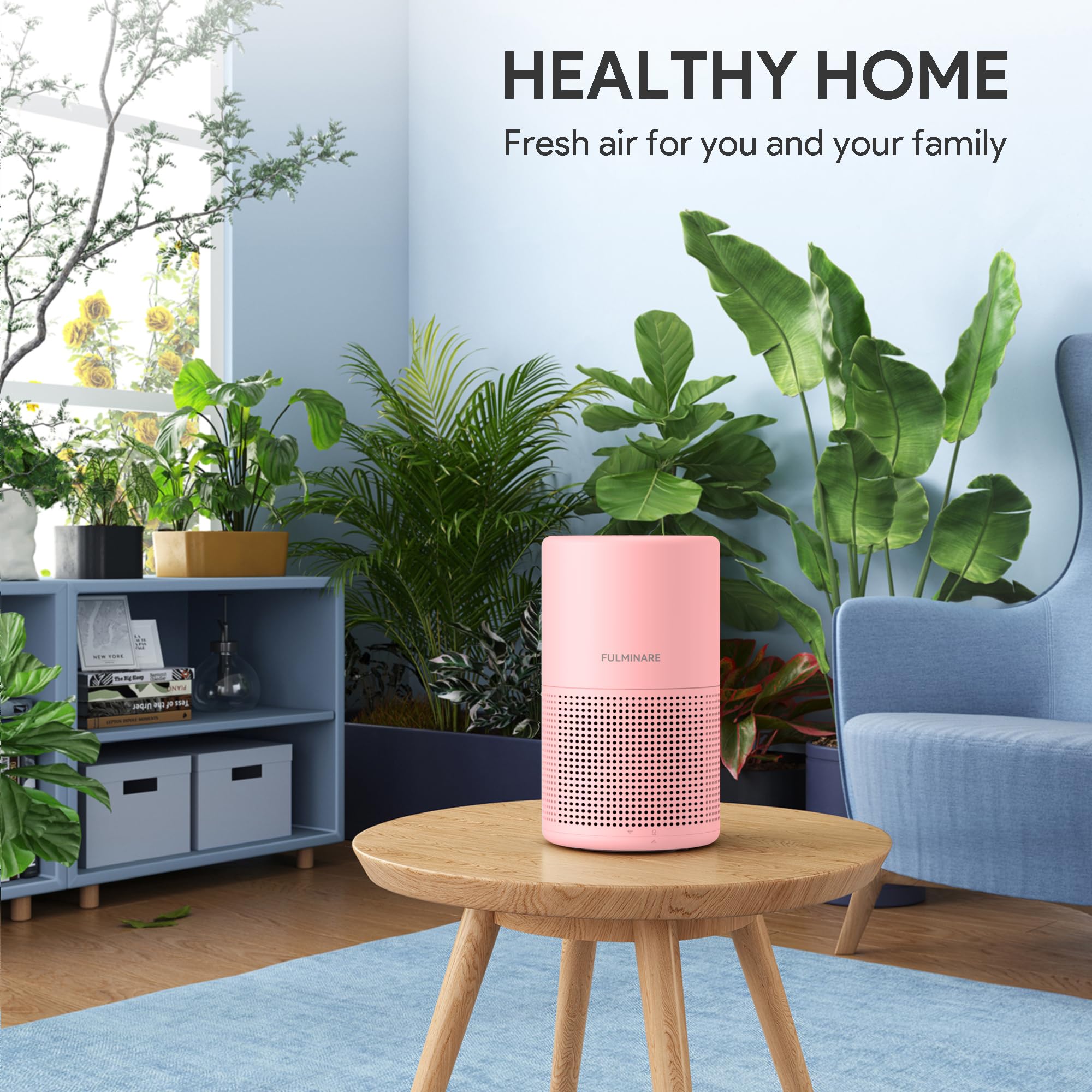 Fulminare pink purifier, side view, compact design for smaller rooms.