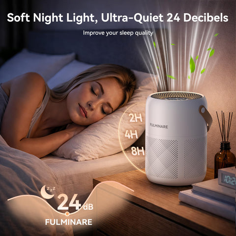 Fulminare air purifier night light enabled; provides a soft glow without disrupting sleep.