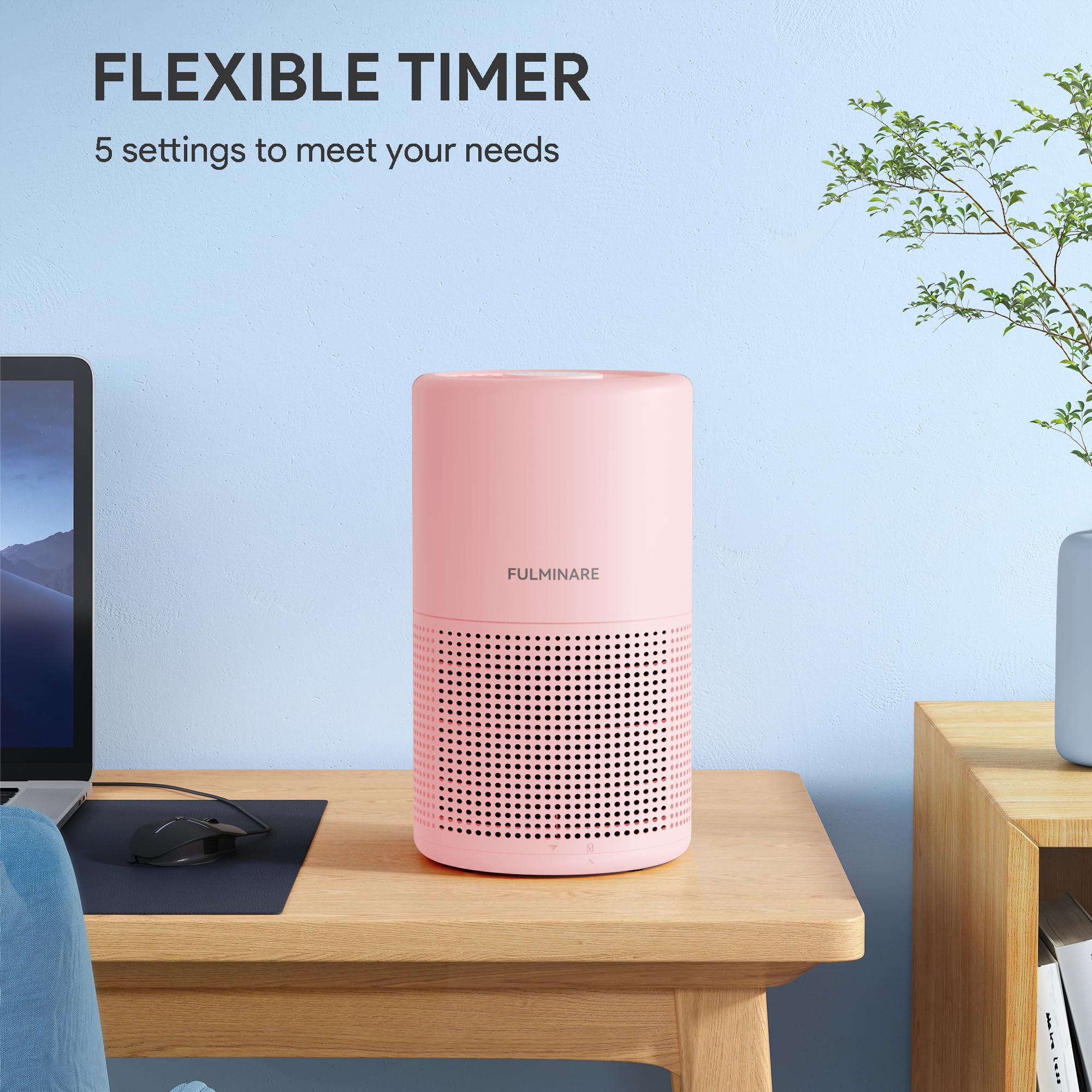 Fulminare pink purifier, night light on, gentle glow for bedtime.