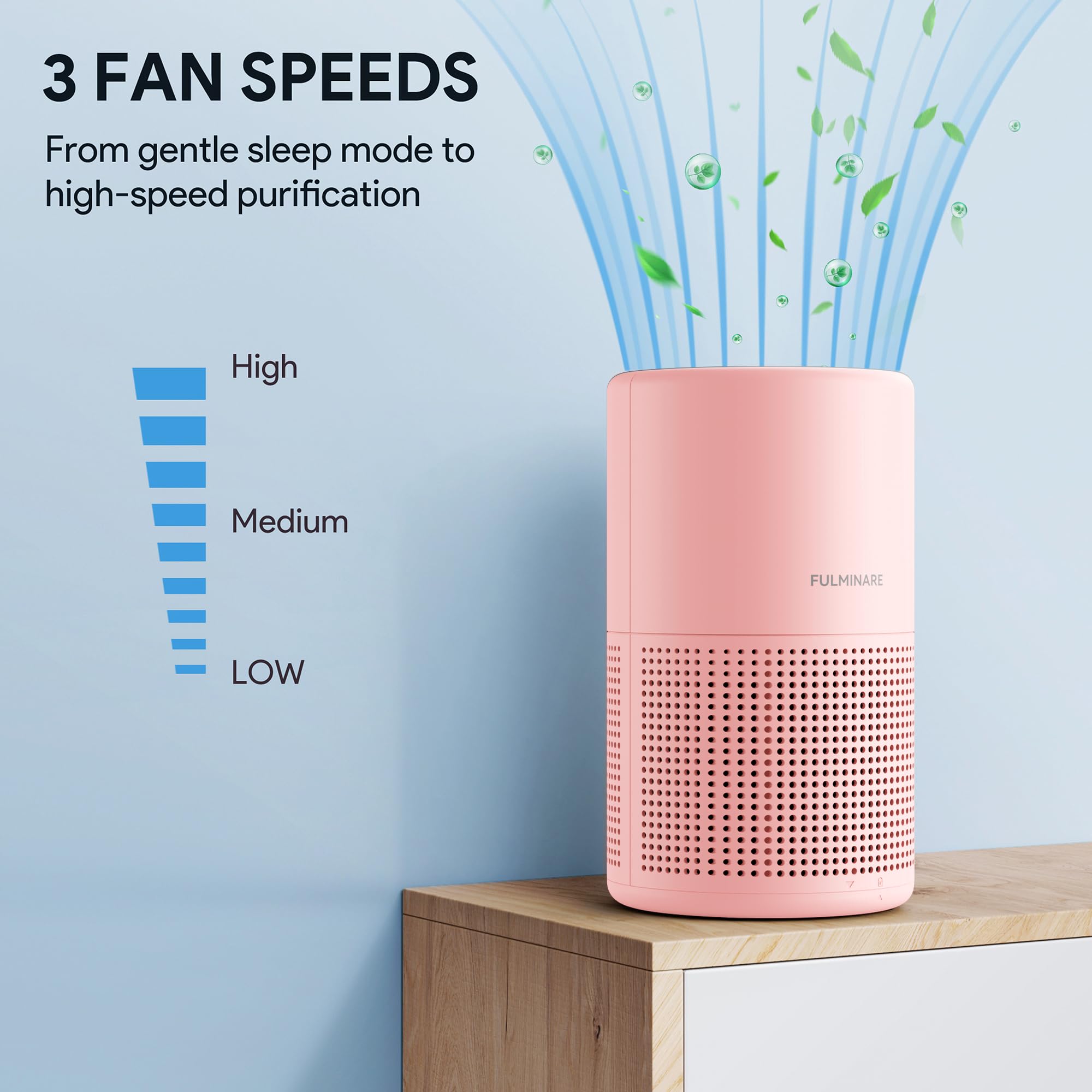 Fulminare pink purifier, timer display, customizable scheduling.