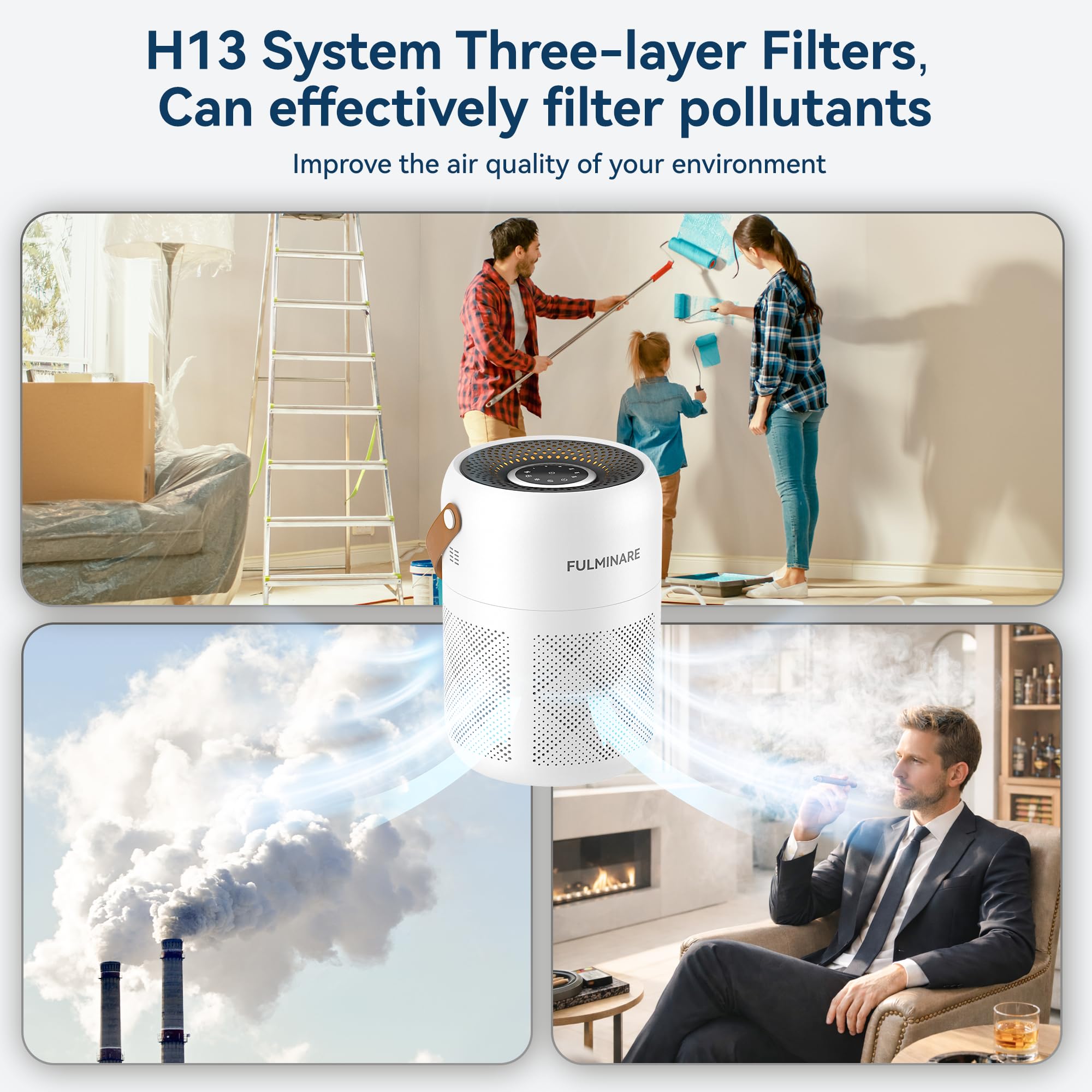 Fulminare air purifier portable with leather handle; easy to move between rooms.