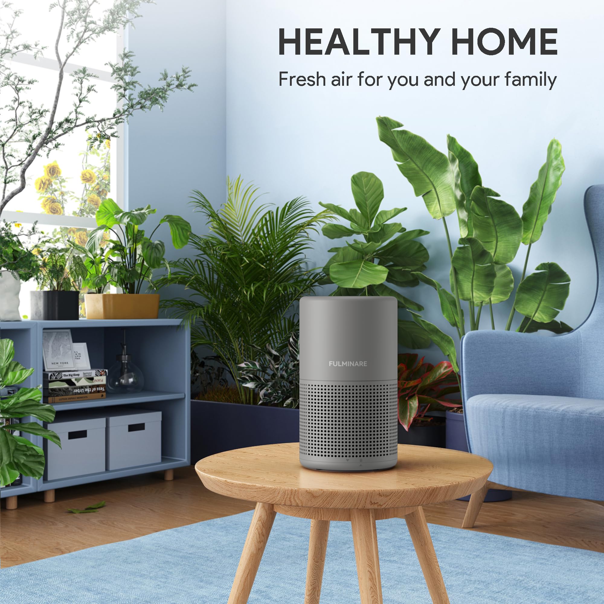FULMINARE air purifier in bedroom setup with quiet operation for peaceful nights.