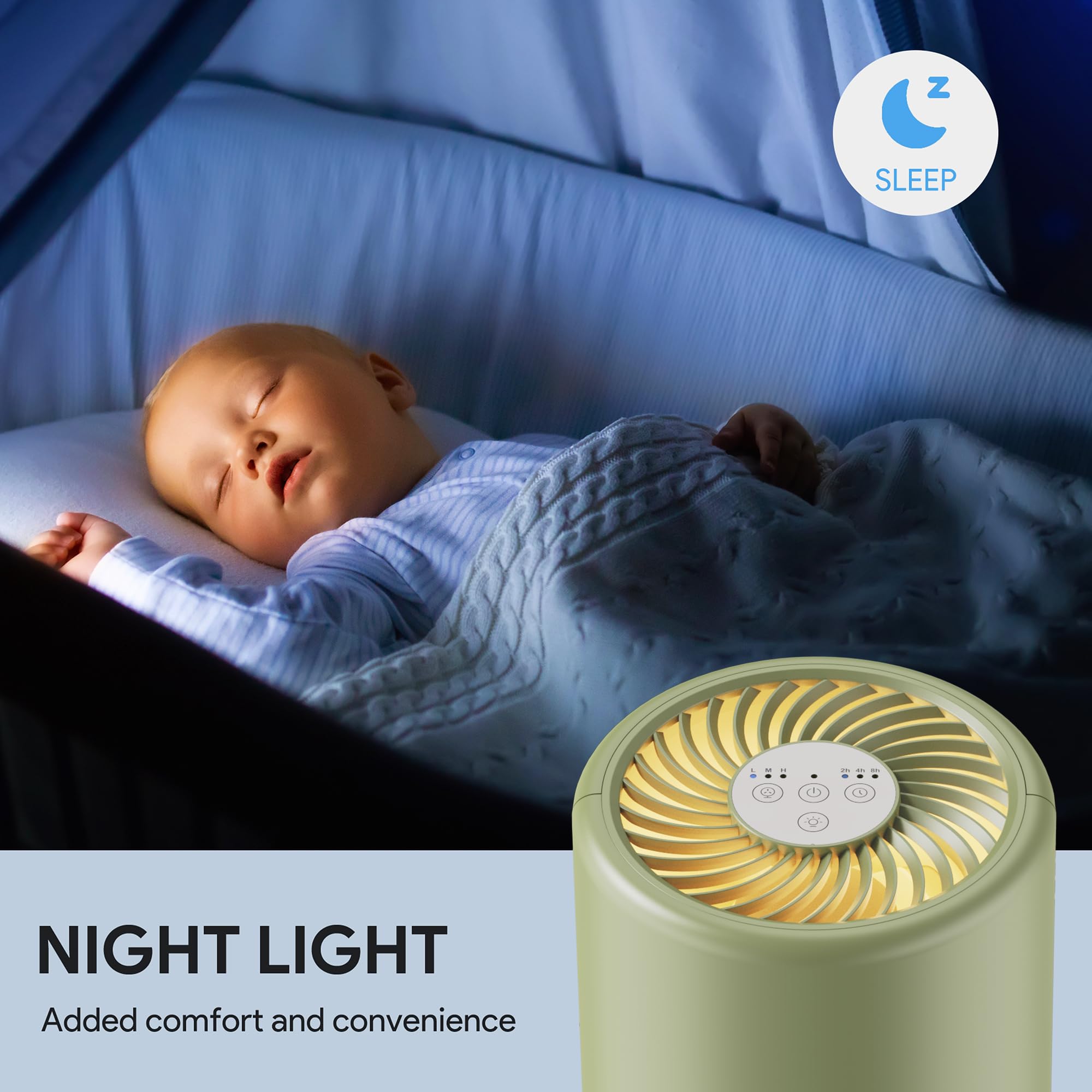FULMINARE air purifier sage green in-bedroom setup for quiet purification.