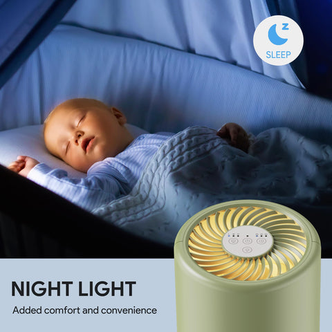 FULMINARE air purifier sage green in-bedroom setup for quiet purification.