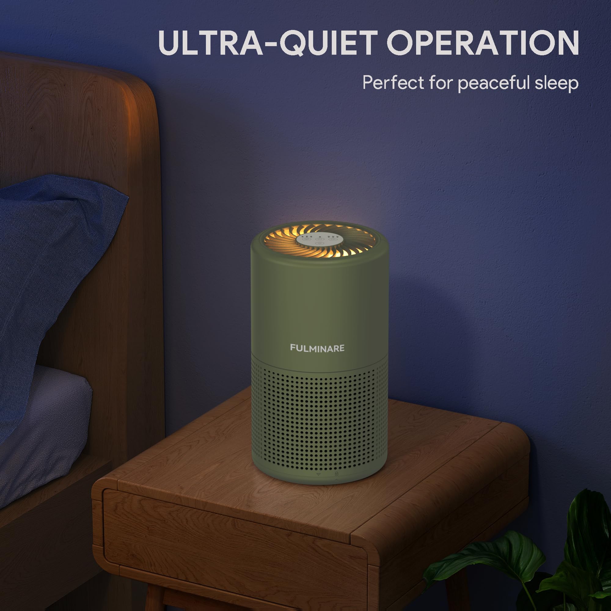 FULMINARE air purifier sage green display shows timer options for scheduling.
