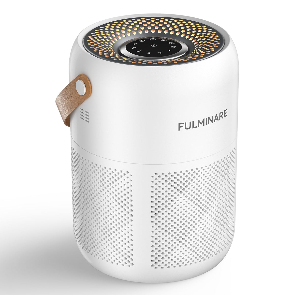 Fulminare air purifier white front view; ideal for quiet, clean air in bedrooms.