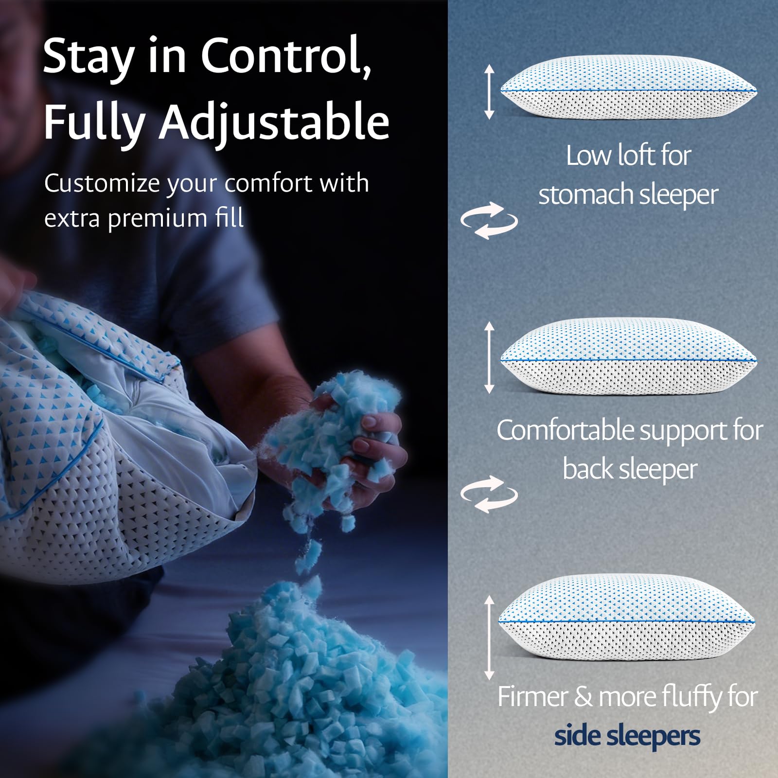 Fulocean adjustable-fill pillow side profile shows customizable height and firmness