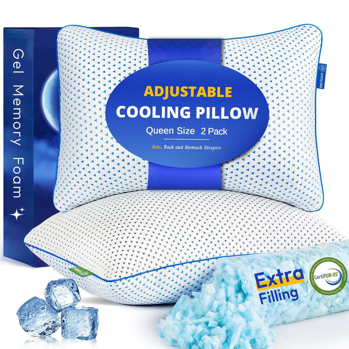 Fulocean cooling gel memory foam pillow top view for cool, plush support