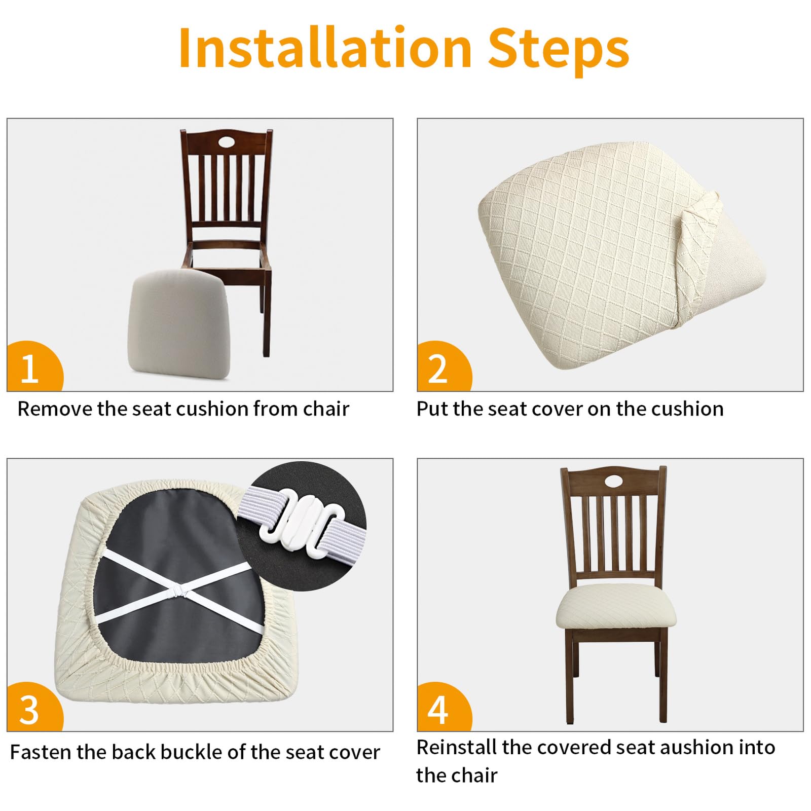 Fuloon stretch chair seat cover beige back view with adjustable straps shows cross-lock securing system.
