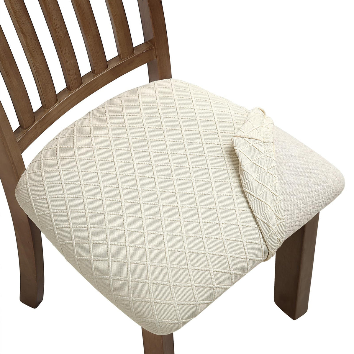 Fuloon stretch chair seat cover beige front view shows a snug fit and stain protection.