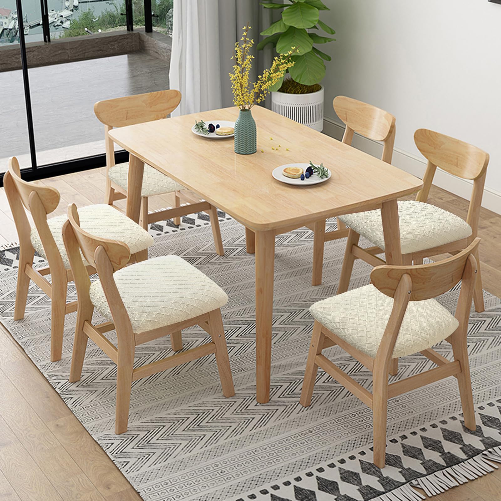 Fuloon stretch chair seat cover beige side view highlights reinforced edges for secure placement.