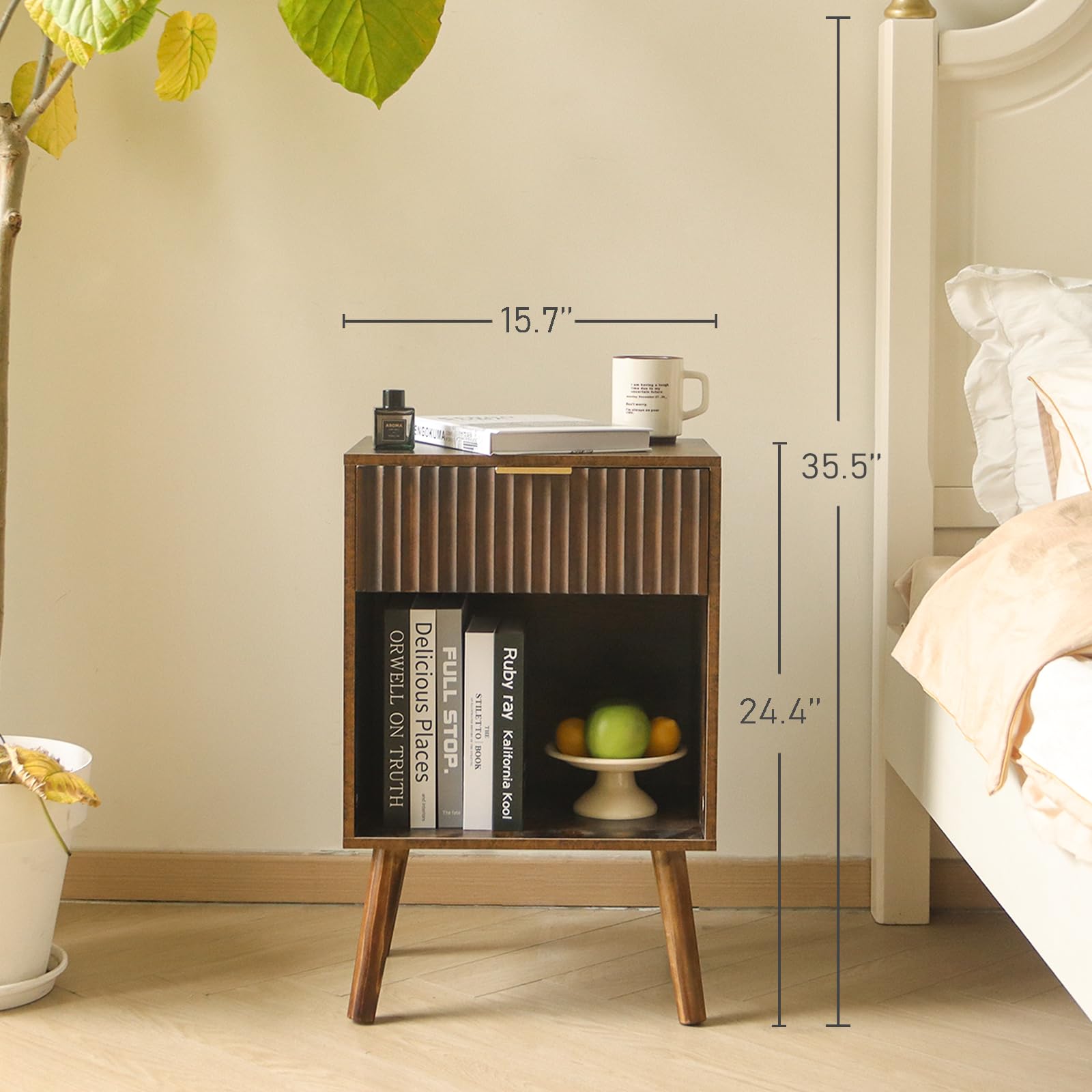 Fultyle bedside table with open storage kept within reach beside the bed