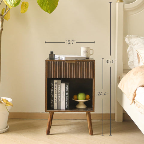 Fultyle bedside table with open storage kept within reach beside the bed