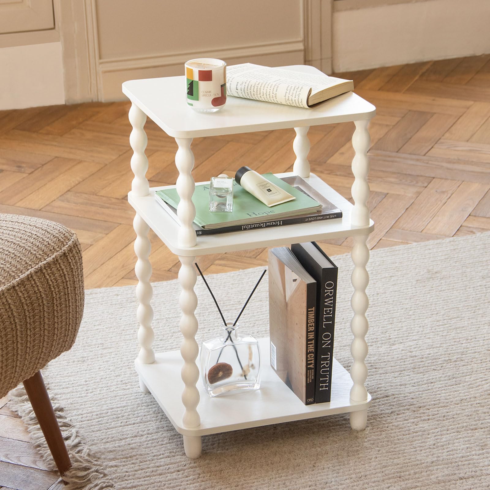 Fultyle End Table 3-tier storage shown, ideal for organizing drinks, books, and decor.