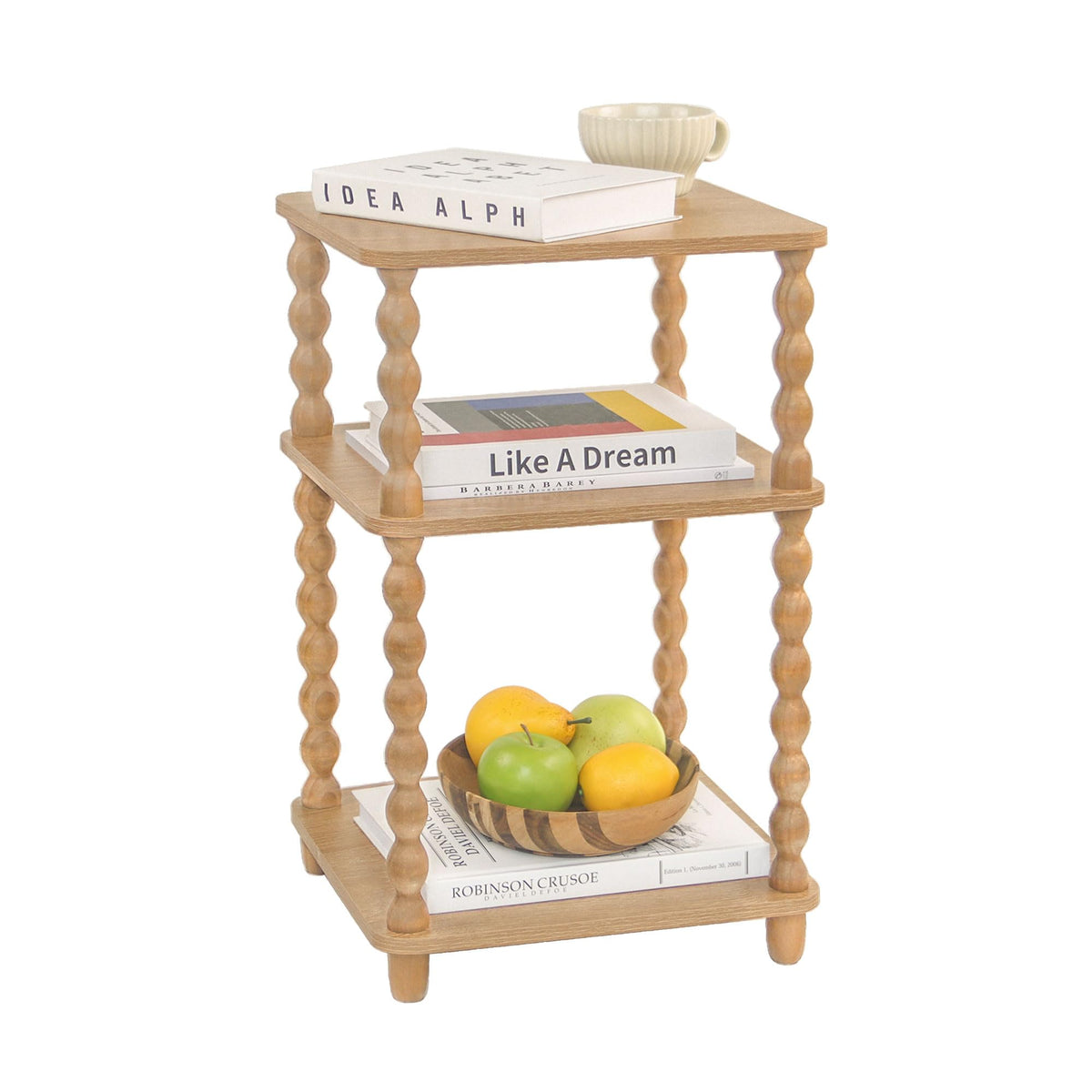 Fultyle end table top view shows a 3-tier design for quick drinks and decor.