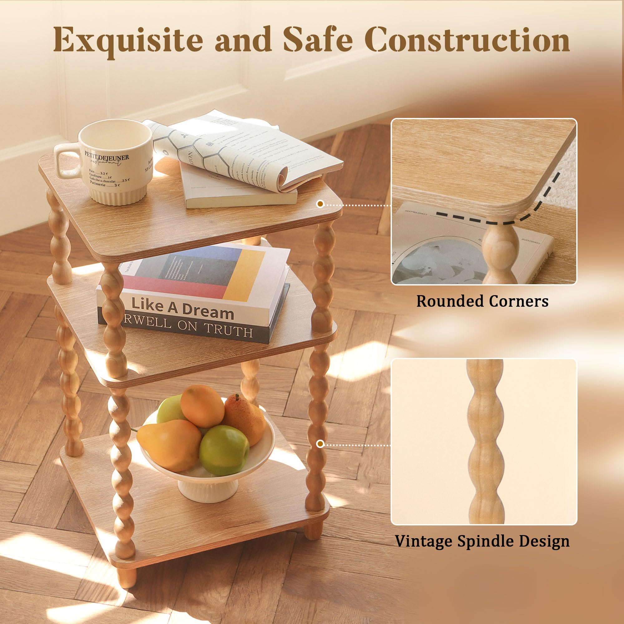 Fultyle end table compact size fits between sofas for convenient use.
