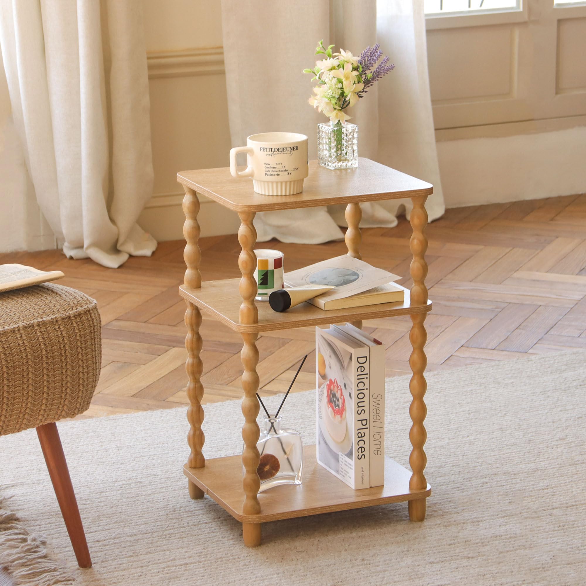 Fultyle end table side profile highlights spindle legs and retro-modern style.