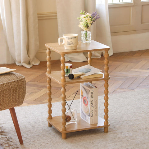 Fultyle end table side profile highlights spindle legs and retro-modern style.
