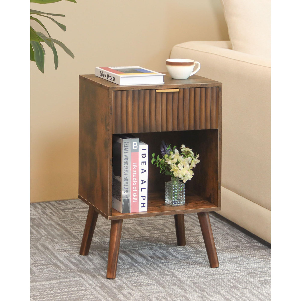 Fultyle mid-century nightstand with fluted drawer and walnut finish for elegant bedside storage