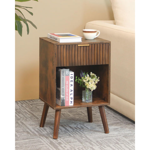 Fultyle mid-century nightstand with fluted drawer and walnut finish for elegant bedside storage