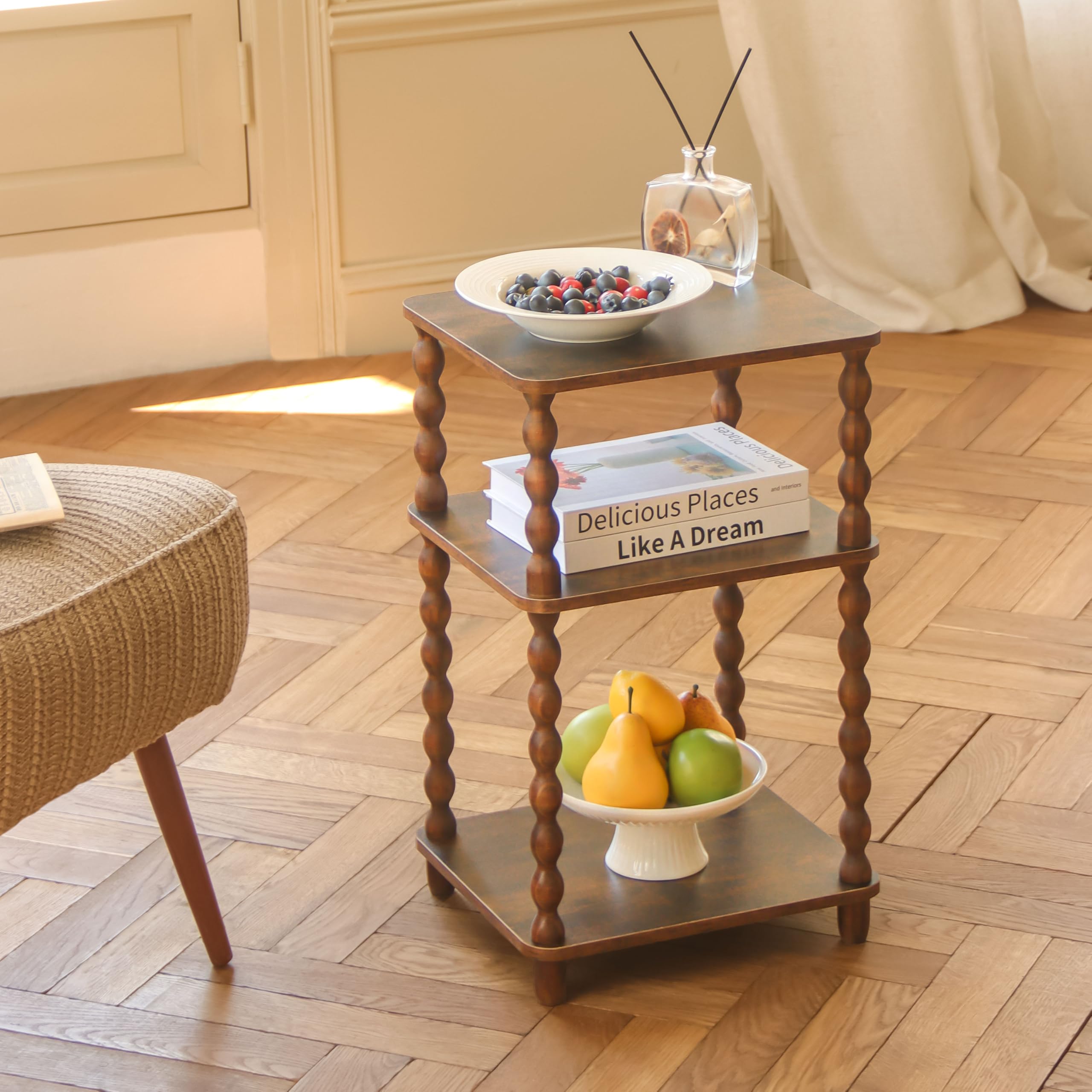 Fultyle end table shows three-tier storage for organized living space.