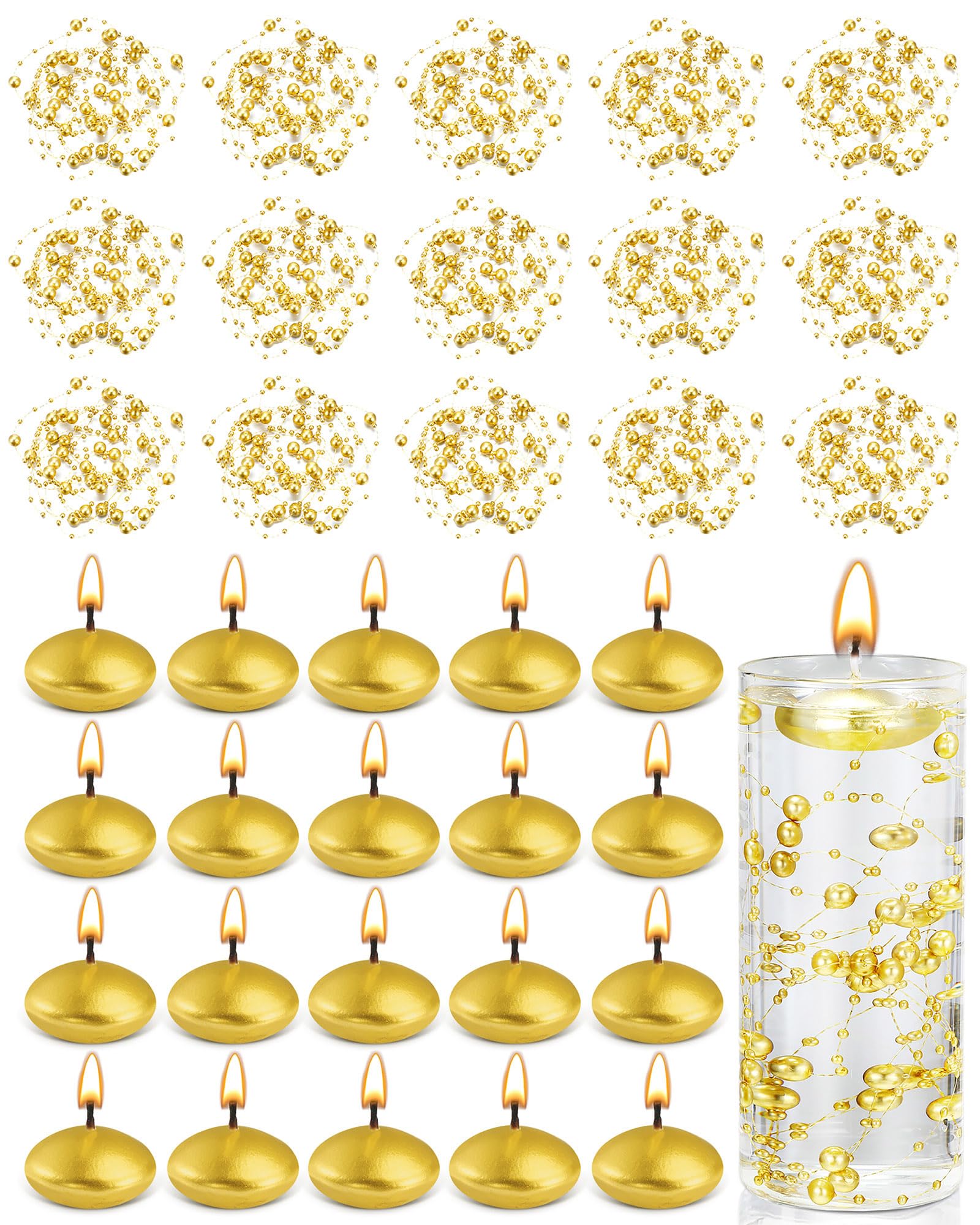 Fumete gold floating candles illuminate centerpieces with a warm glow for weddings