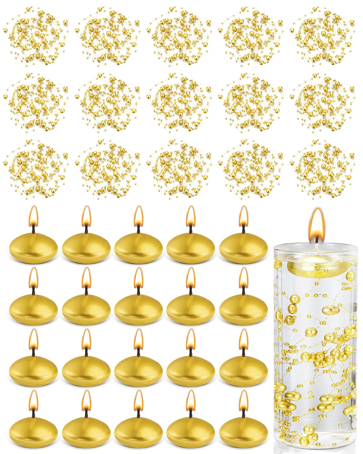 Fumete gold floating candles illuminate centerpieces with a warm glow for weddings