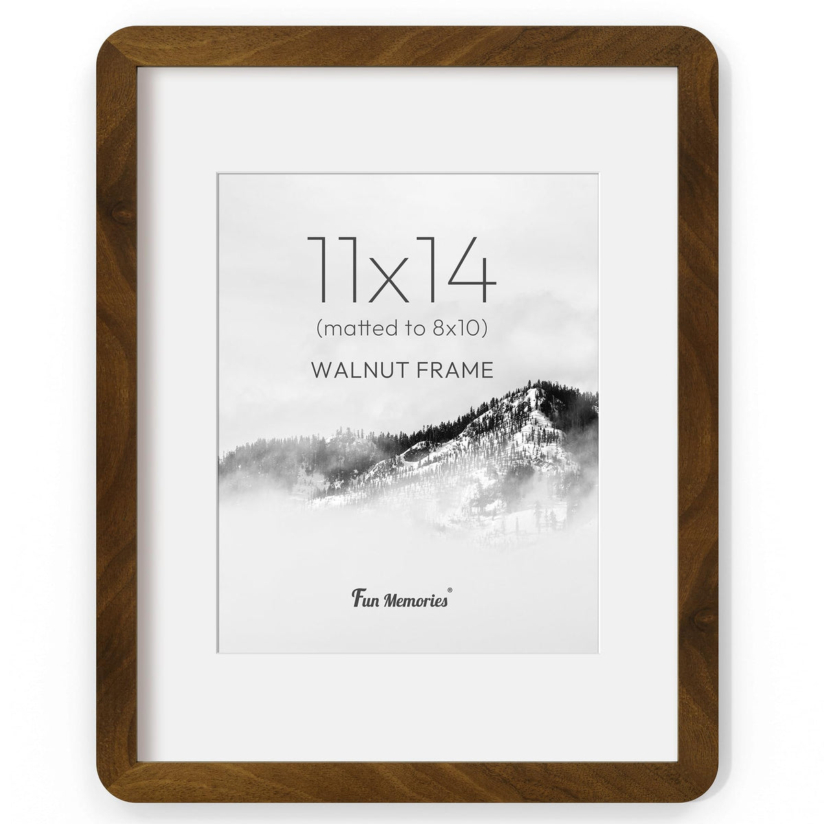 Fun Memories 11x14 walnut frame front view showing natural wood finish for timeless display.