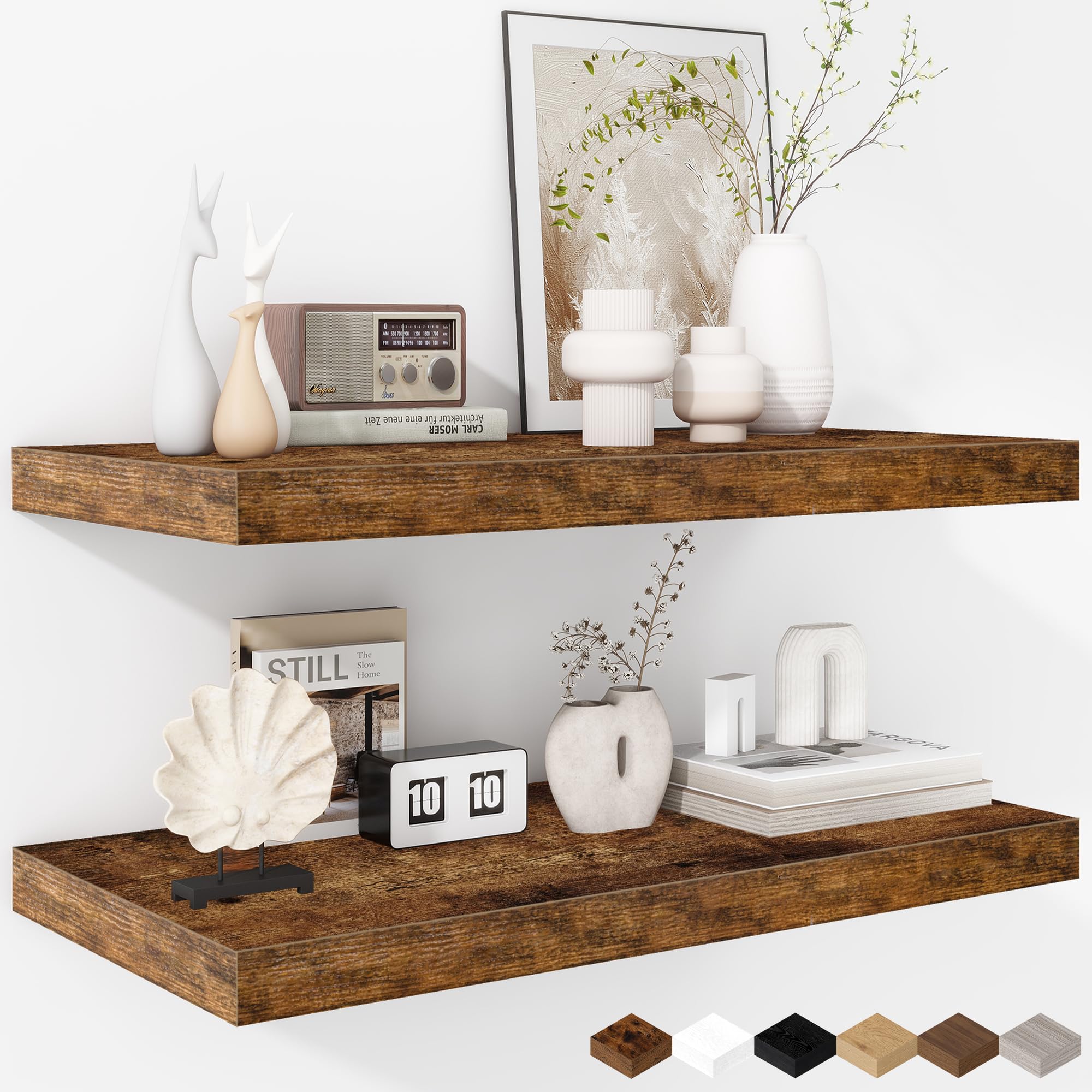 Fun Memories floating shelves in brown with 24W x 12D x 1.5H depth for deep storage.