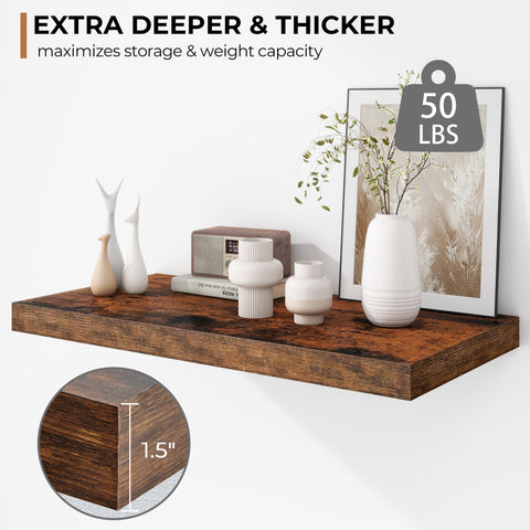 Fun Memories wood grain finish shelf adds rustic modern appeal.
