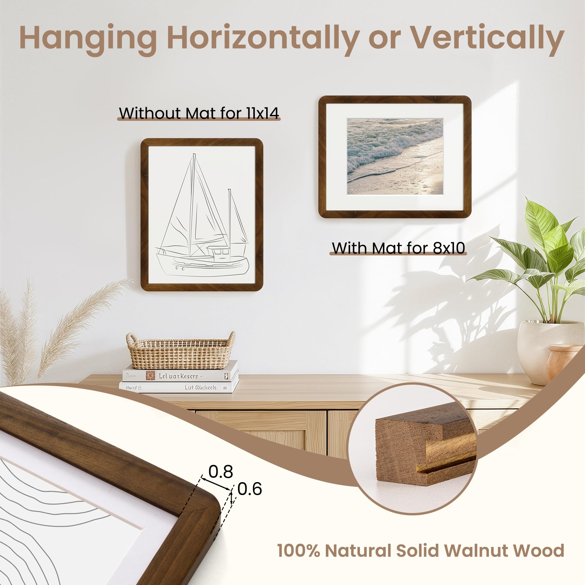 Fun Memories walnut frame side profile highlighting slim silhouette for wall mounting.