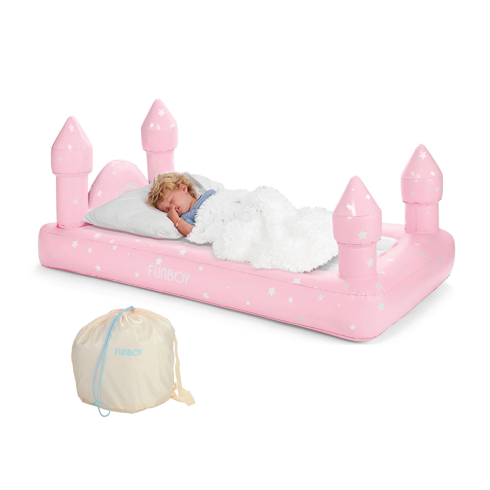 FUNBOY Kids Pink Castle sleepover bed inflated and ready for night-time adventures