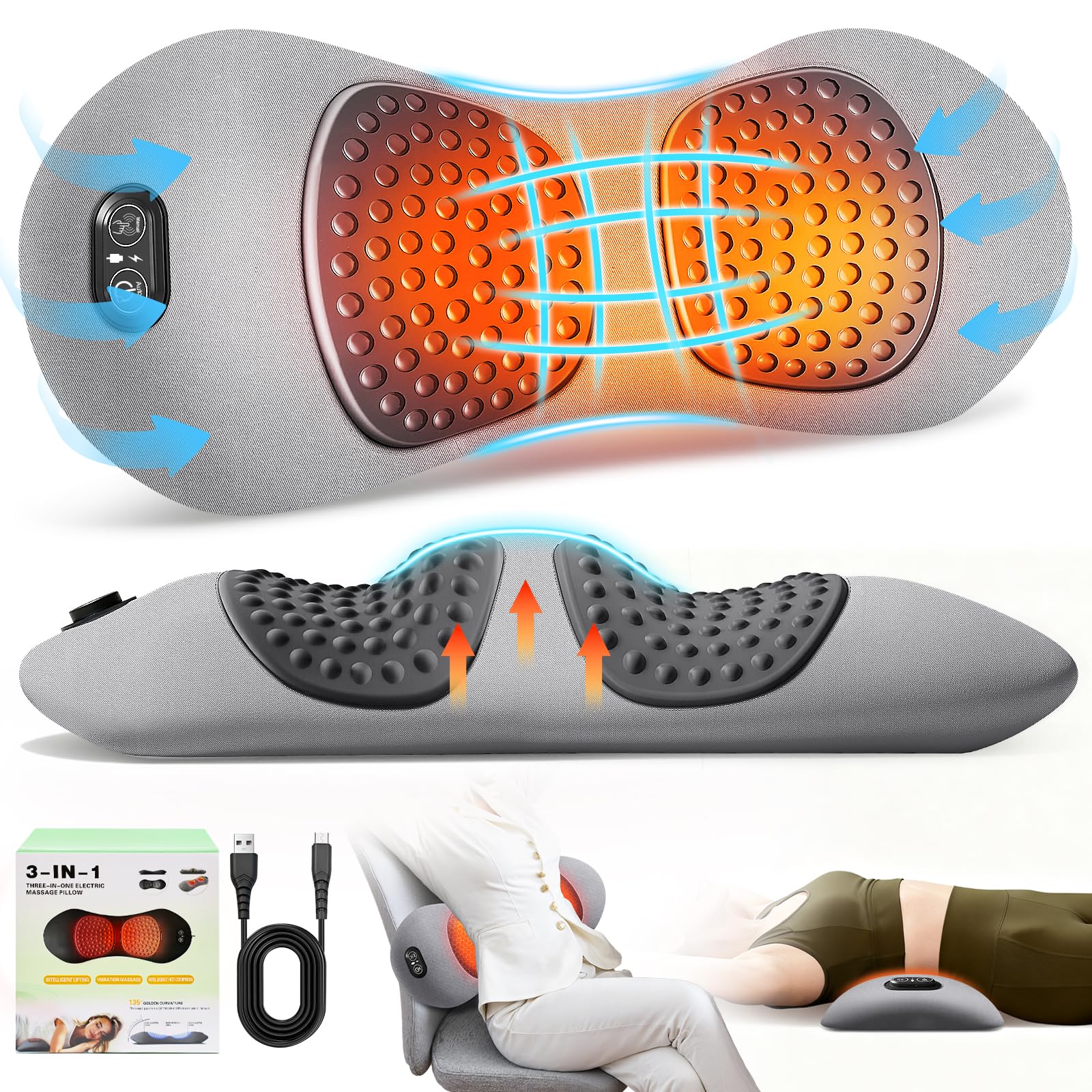 FunBy 3-in-1 Lumbar Pillow back massage highlights soothing relief during long workdays