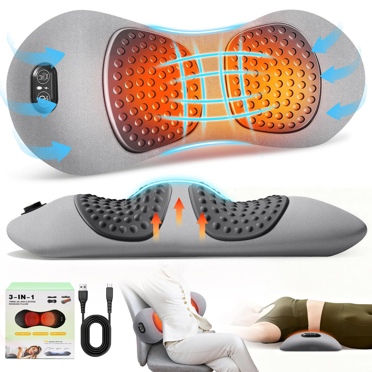 FunBy 3-in-1 Lumbar Pillow back massage highlights soothing relief during long workdays