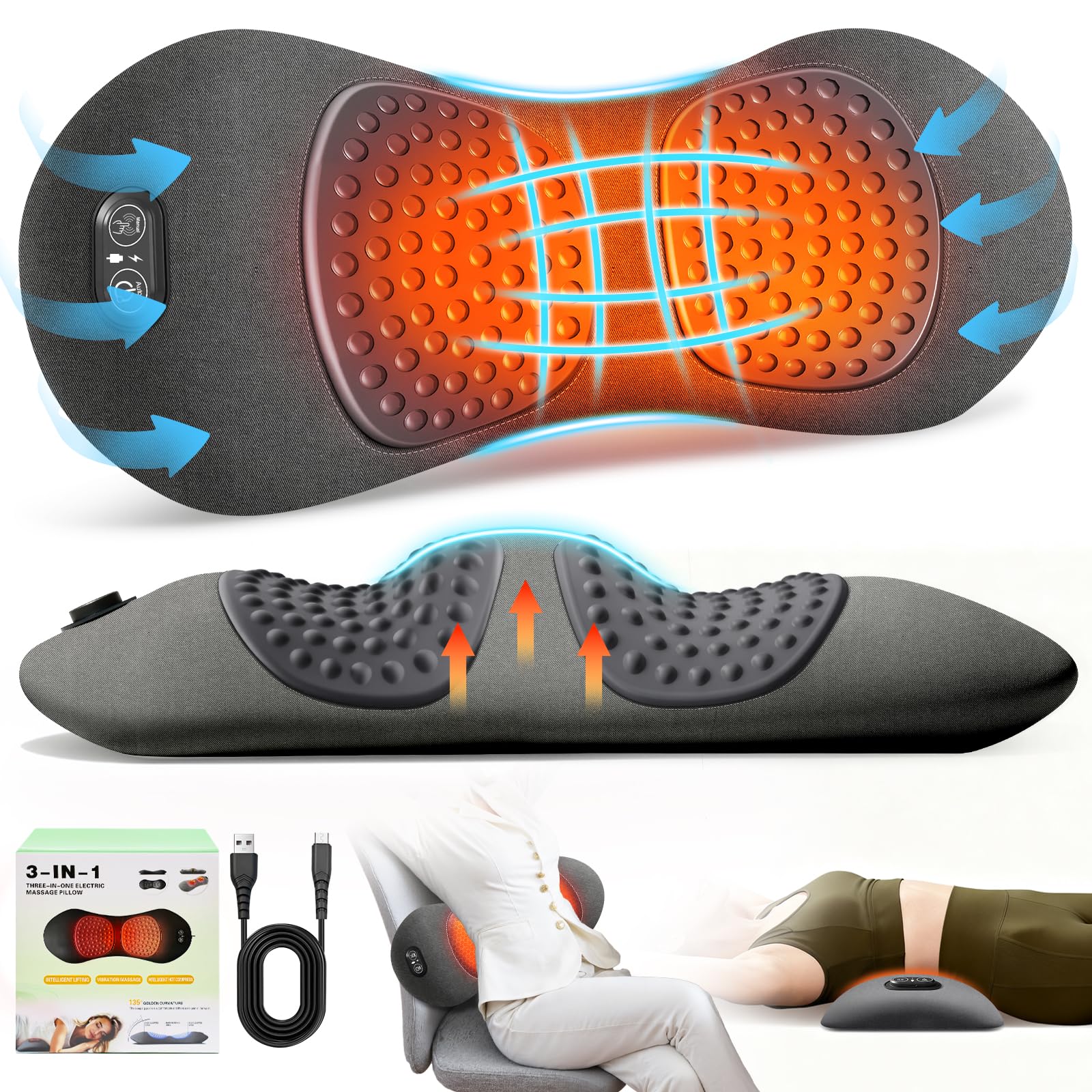 FunBy 3in1 lumbar pillow front view showing desk-side back support and ergonomic alignment