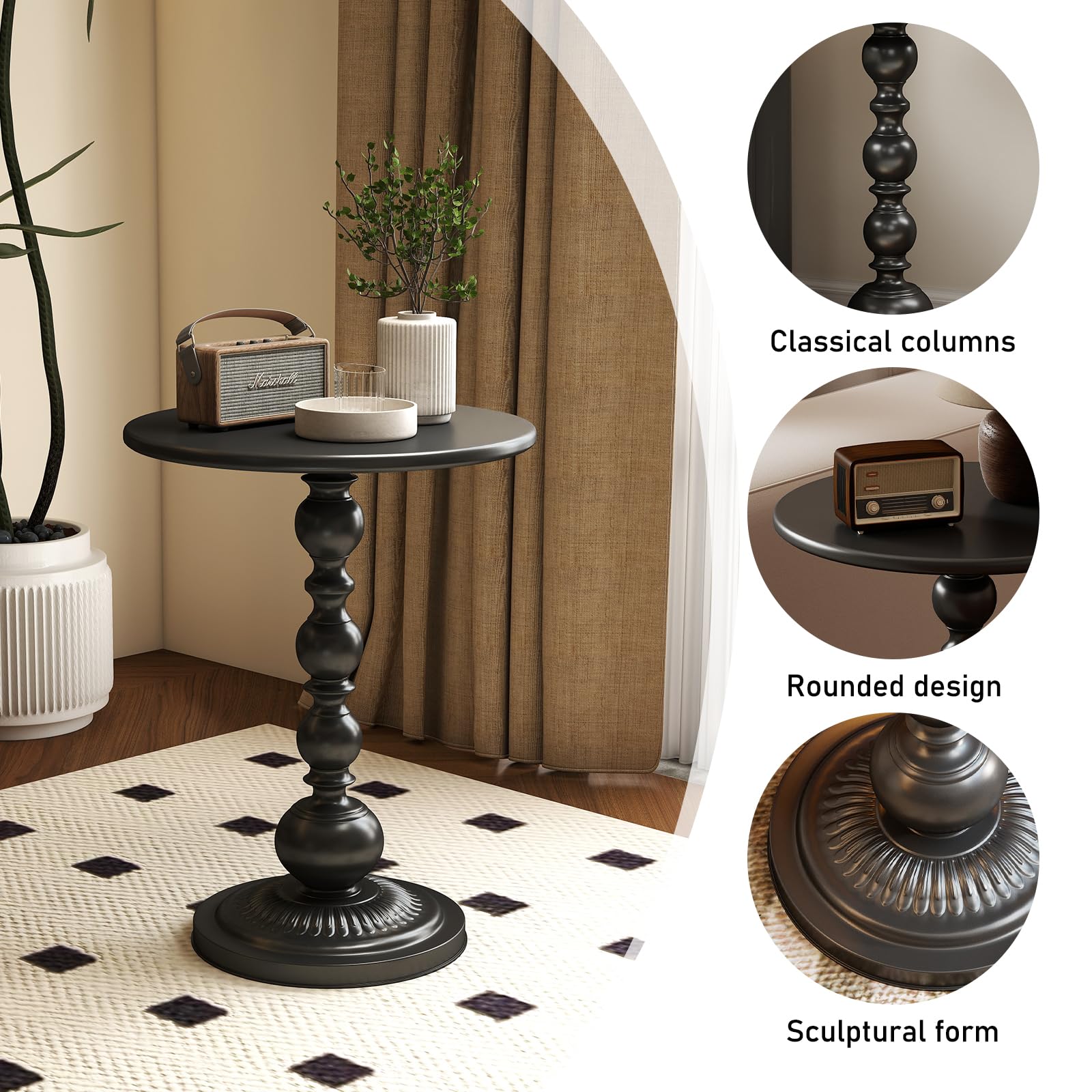 Funecy end table with classic column design complements retro decor.