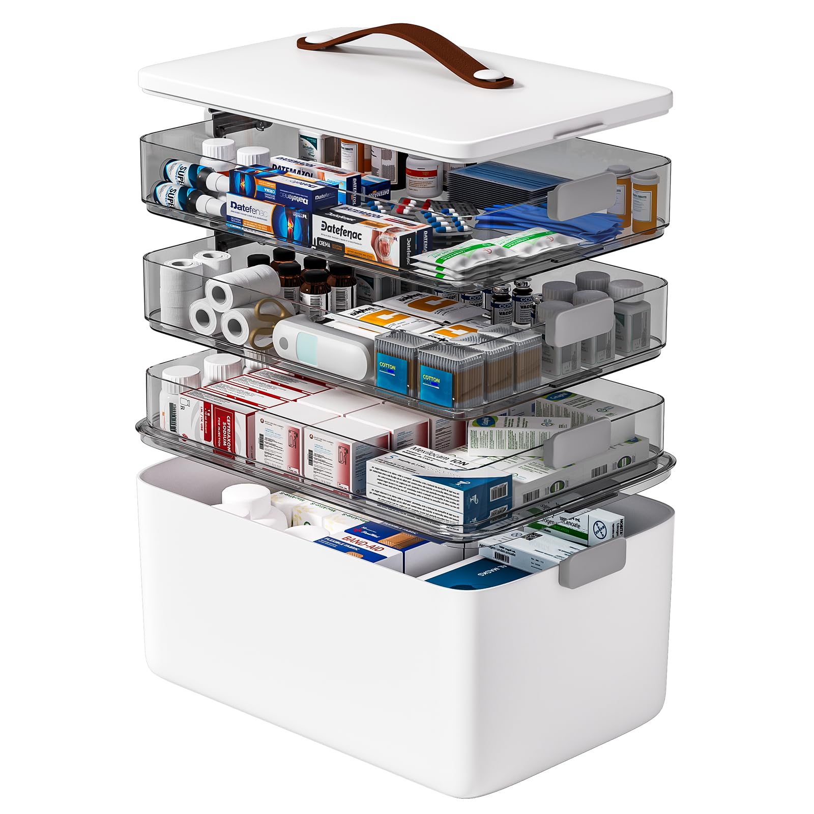 Funest four-tier medicine storage box shows clear layers protecting contents from light and moisture.