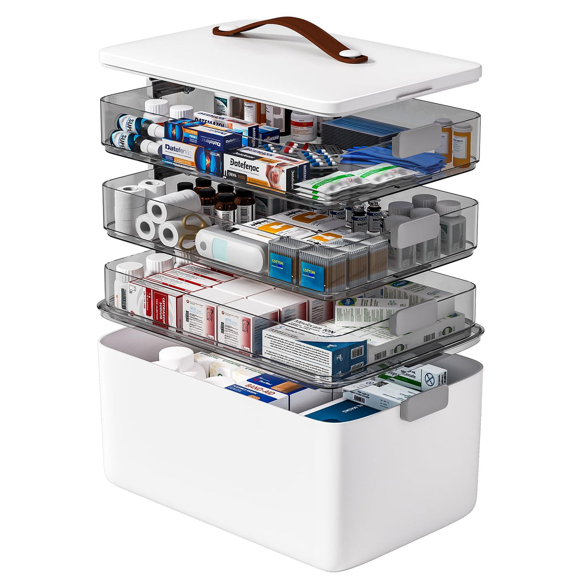 Funest four-tier medicine storage box shows clear layers protecting contents from light and moisture.