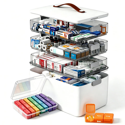 funest 4-tier medicine organizer with a secure cover keeps meds dry and organized