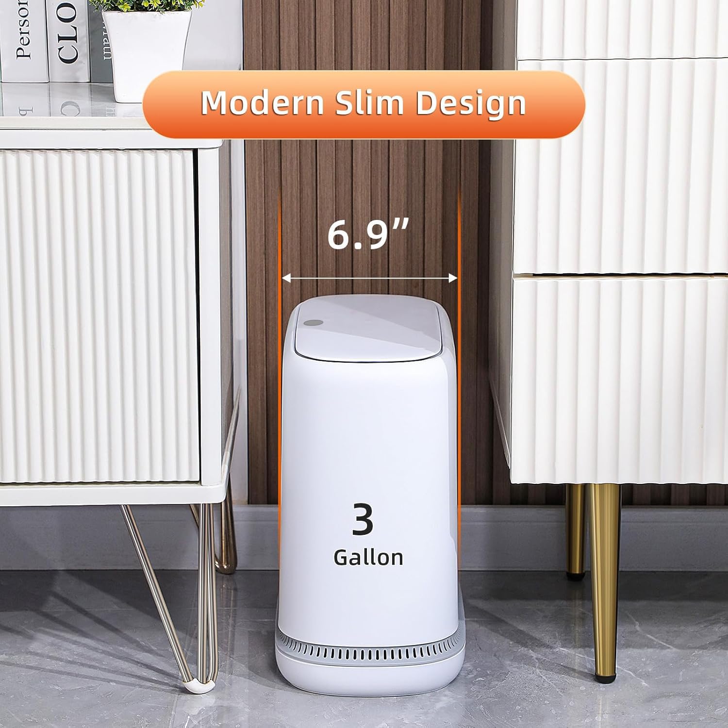 Funest 11.8-inch width bathroom trash can saving space in narrow areas.