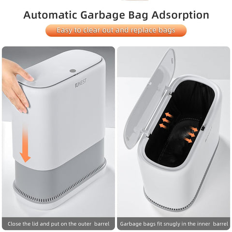 Funest bathroom trash can with press-top lid keeping odors contained.