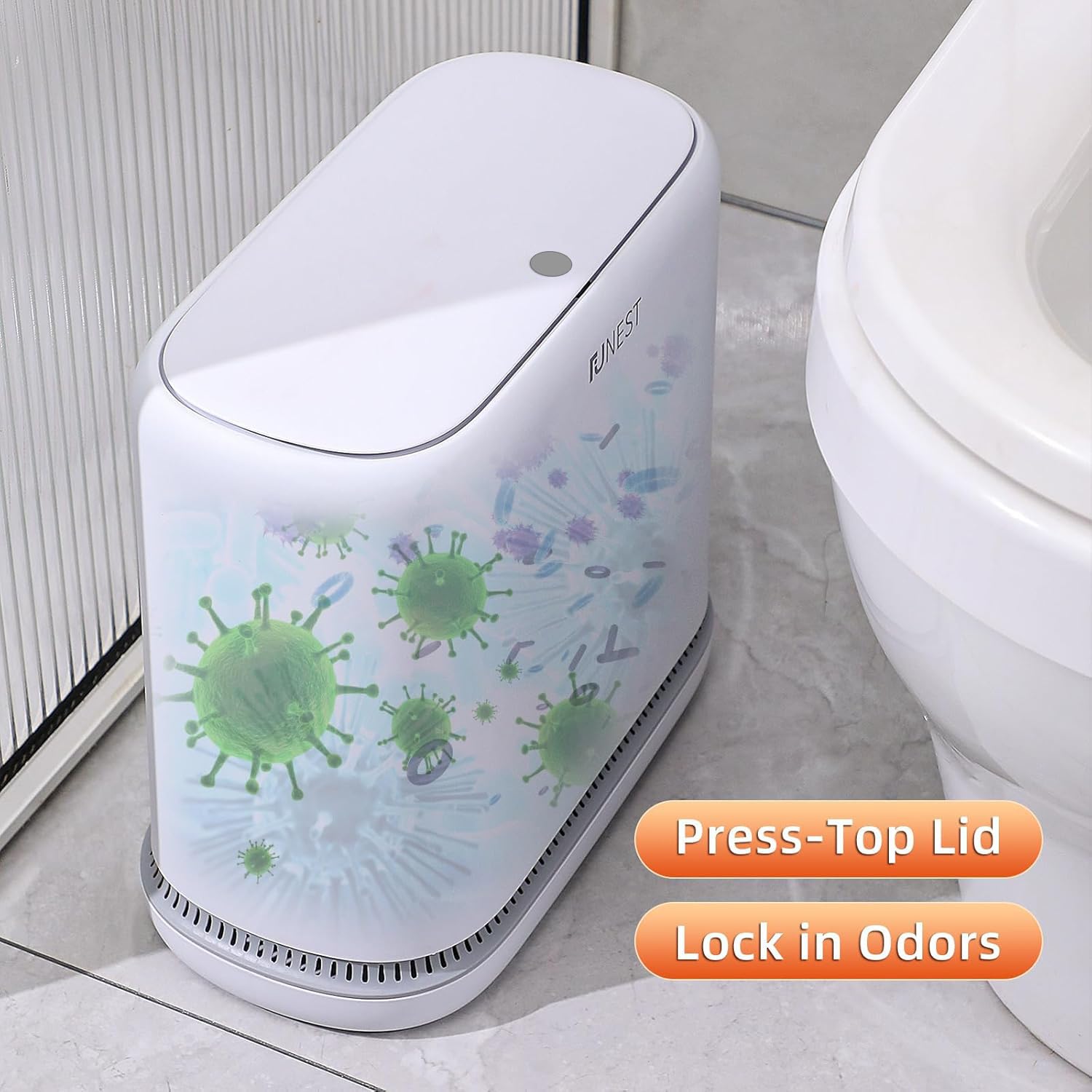 Funest slim-design bathroom trash can fitting into a tight space.